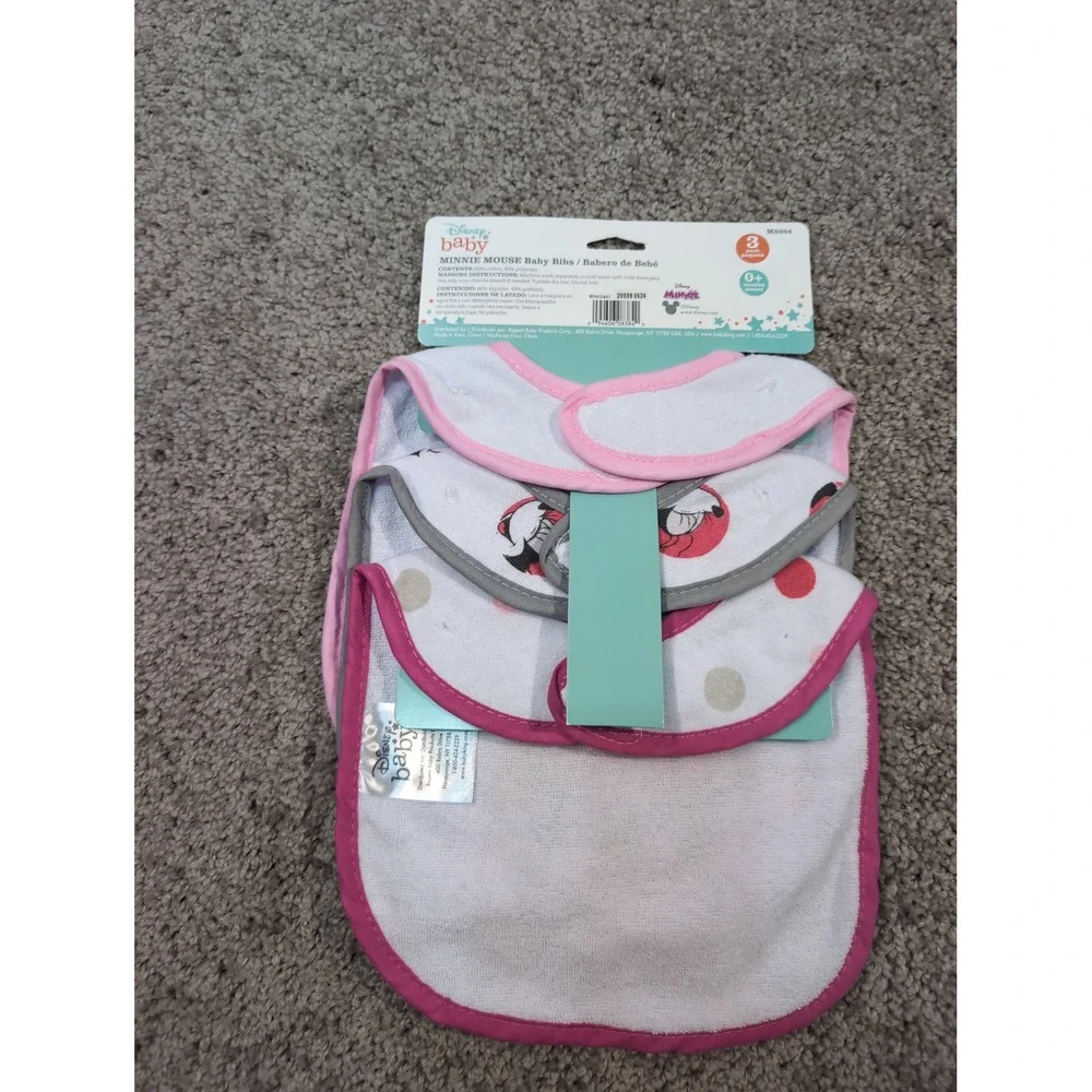 Disney Baby Minnie Mouse 3 Pack Baby Bibs 0 Plus Months Pink White‎ Gray